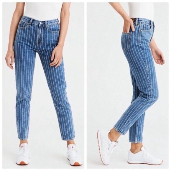 American Eagle White Pinstriped Mom Denim Jeans - Picture 1 of 8